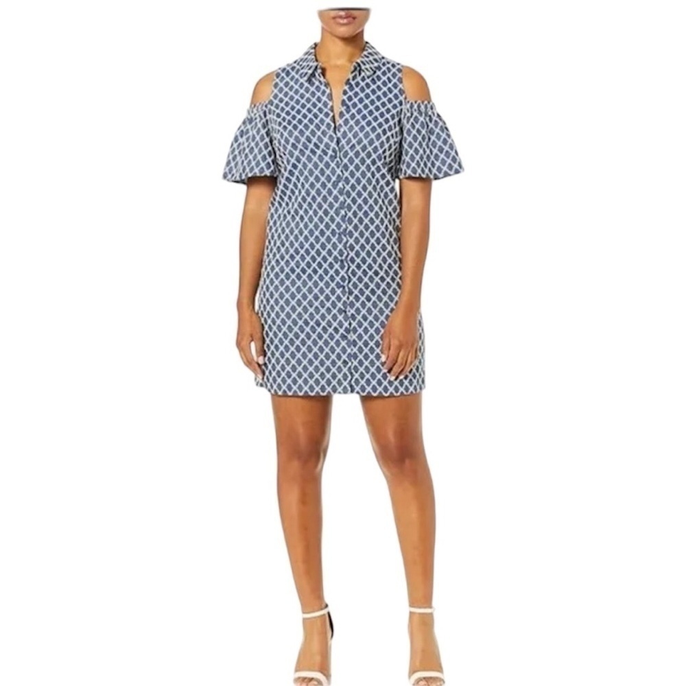 Trina Turk blue & white cold shoulder embroidered dress